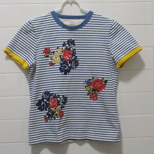 TORY BURCH FLORAL Tee Shirt top 100% cotton striped blue white short sleeves Sml